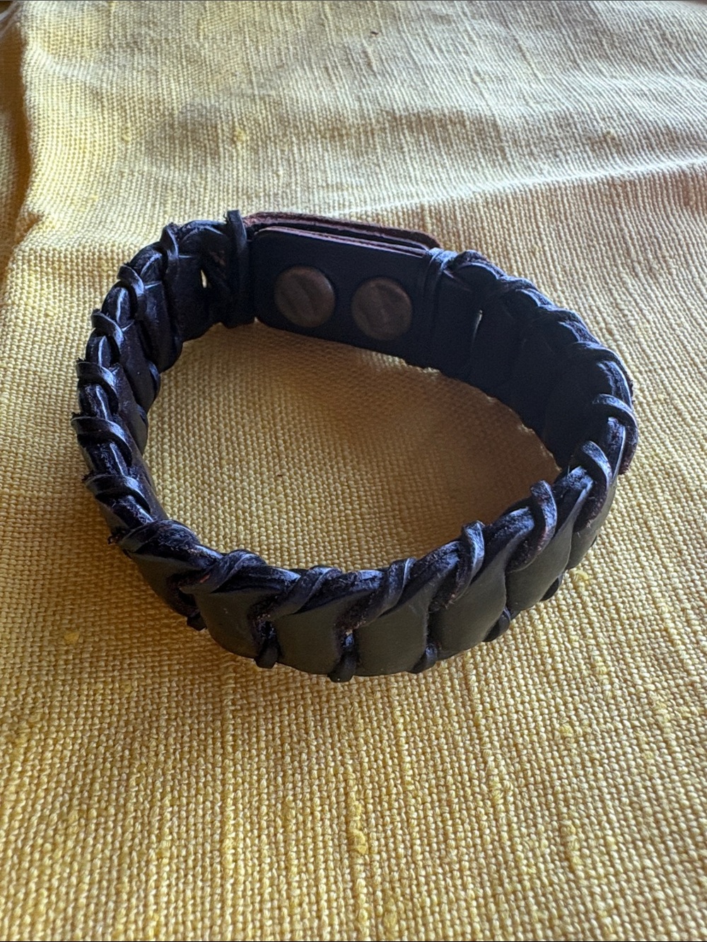 Chocolate Brown Breaded Leather Snap Bracelet with Ruched Detail. 9 inches